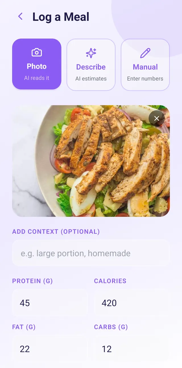 Lysa AI meal analysis showing estimated protein and calories