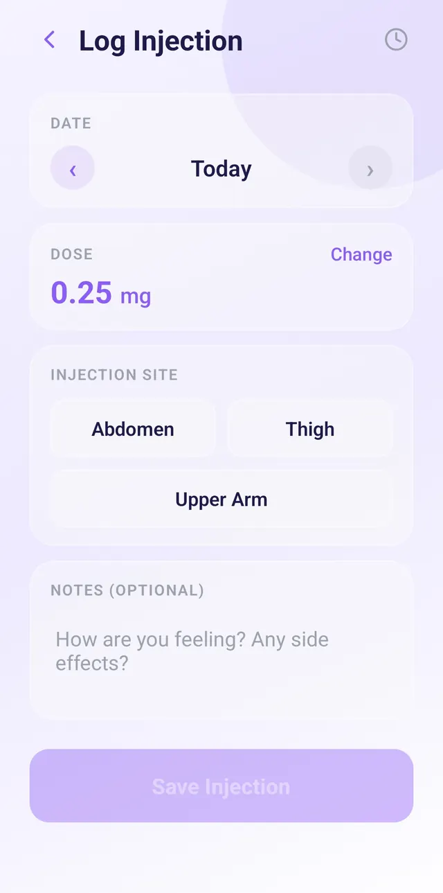 Lysa GLP-1 injection log with site rotation warnings